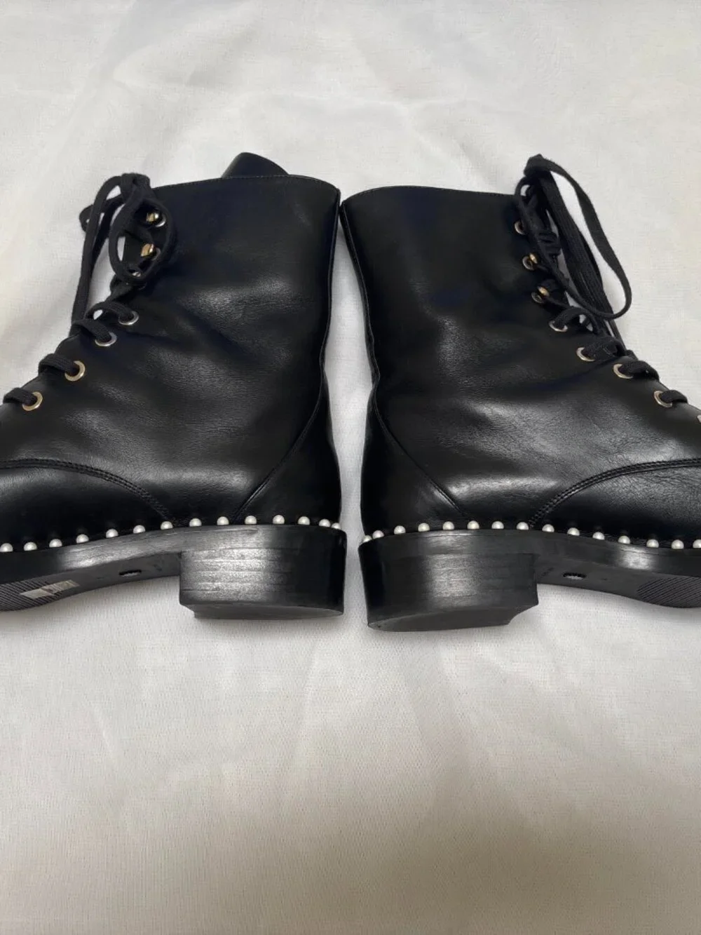Stuart Weitzsman - Sondra Pearl-Trimmed Combat Boot - Authentic
